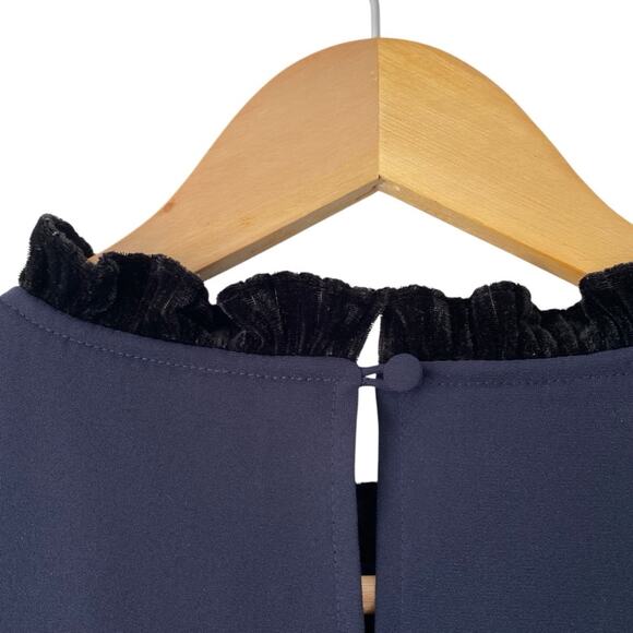 Crosby by Mollie Burch Navy Blue Black Velvet Ruffle Trim Blouse size medium - Picture 7 of 9